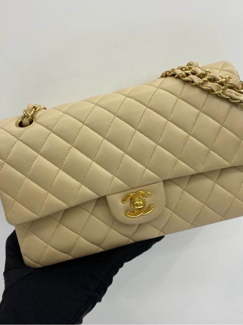 CHANEL Quilted Shoulder Bag in Beige with Gold Hardware